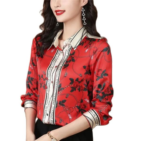 Mode de luxe Floral Satin Rouge Chemise Femmes Designer À Manches Longues Revers Brillant Soie Blouses 2023 Automne Hiver Graphique Boutonné Chemises Bureau Dames Chic Nouveau dans Tops