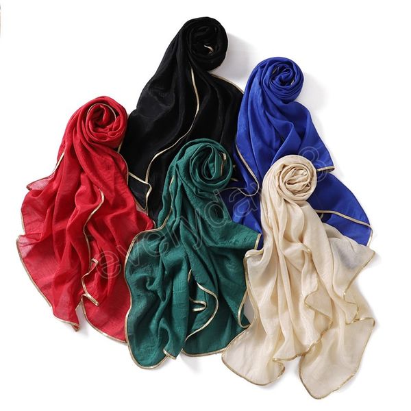 Mode de luxe chaîne en or Organza mousseline de soie Hijab dame doux mince couverture de plage châles et enveloppes Bufanda musulman Sjaal 180x70cm