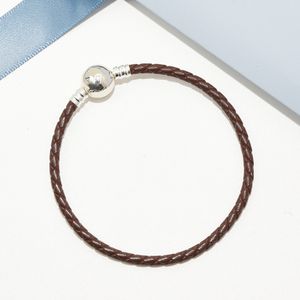 Luxe modeheren sieraden bruin lederen touw handarmband voor charmes 925 sterling zilver met originele doos