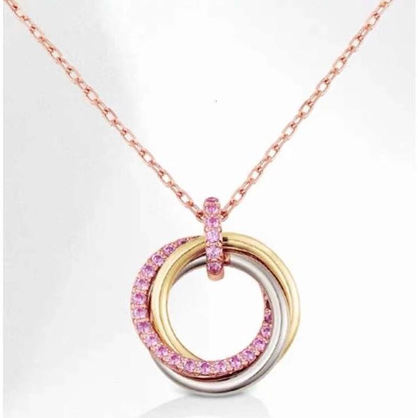 Collar de moda de lujo Joyería de diseñador Fiesta Tres anillos Cuerpo completo Plata esterlina Chapado en oro K Oro C Diamante rosa Colgante de tres colores