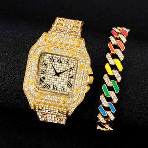 Luxe mode rhintone horloge en armband dames mannen hiphop cubaanse link armbanden eenvoudige waardig goud sier kleur sieraden geschenken