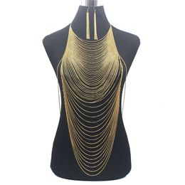 Moda de lujo brillante sexy cuerpo vientre color oro cadena completa cuerpo cadena sujetador esclavo arnés collar borla cintura joyería 240221