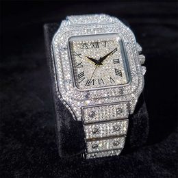 Montre à Quartz glacée pour hommes, mode de luxe, argent, rose, or, chiffres romains, haute qualité, hip hop, plein de diamants carrés
