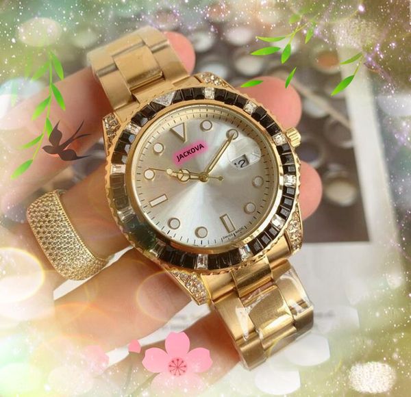 Moda de lujo Sólido Fino Relojes de acero inoxidable 41 mm Estrellado Colorido Arco iris Anillo de diamantes Reloj Movimiento de cuarzo Hombres Super Relojes de pulsera Regalos de cumpleaños