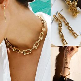 Joyería de moda de lujo para mujer, collar de pulsera con costura de hebilla de herradura simple en forma de U, pendientes de cadena personalizados con embalaje original