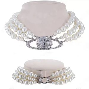 Collier de perles de luxe à la mode, rétro avancé, trois couches de perles brillantes, pendentif de perles saturne 321G
