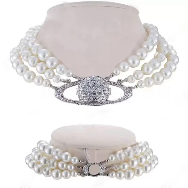 Collier de perles de luxe à la mode, rétro avancé, trois couches de perles brillantes, pendentif de perles saturne 2715