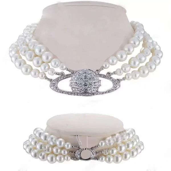 Collier de perles de luxe à la mode, rétro avancé, trois couches de perles brillantes, pendentif de perles saturne 325h