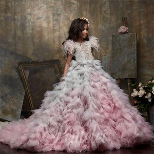 Luxe veren bal jurk bloemenmeisjes jurken voor bruiloft kralen toegewezen peuter optocht jurken kinderen prom -jurken op maat gemaakt 2537