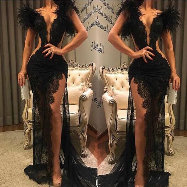 Plume de luxe dentelle noire robes de bal sexy plongeant col en V fente latérale robes de soirée formelles 2021 arabe Aso Ebi célébrité femmes robe d'occasion spéciale grande taille AL8869