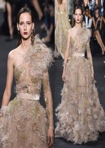 Luxe Feather Elie Saab 2019 Avondjurken Eén schouder Lange mouw Crystal Prom feestjurken Sweep Train A Line Red Carpet Dres9310977