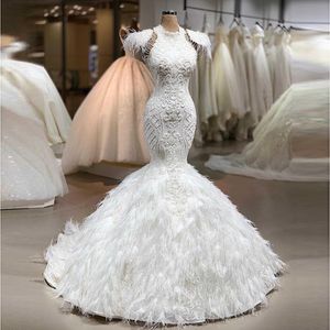 Robes de mariée sirène de plumes de luxe avec mancherons perles majeures paillettes robes de mariée sur mesure robe de mariée