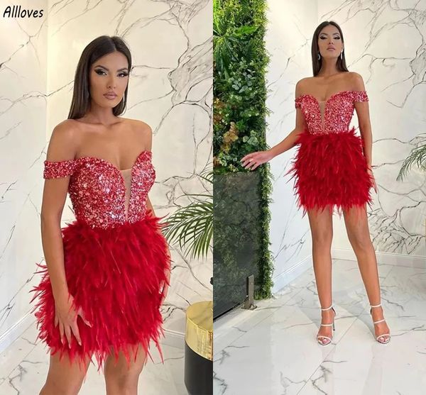 Plumes de luxe rouge paillettes brillantes robes de soirée de cocktail sexy hors de l'épaule courte mini petites robes de bal Aso Ebi grande taille deuxième robe formelle de réception CL3198