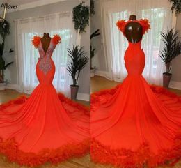 Luxury Feathers Rhinestones Mermaid Evening Dresses Aso Ebi V Neck Backless Women Formal Prom Gowns Court Train Plus Size Second Reception Engagement Dress CL3173