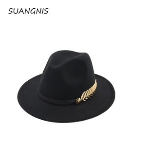 Luxe-vilt Hoed Panama Jazz Fedoras Petten met metalen blad Platte rand formele partij en fase top hoed voor vrouwen mannen unisex