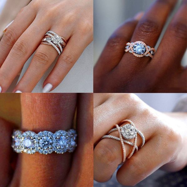 Femme de luxe Big Crystal Round Engagement Ring Mignon 925 Silver Rose Gold Zircon Stone Anneau de mariage vintage pour femmes 226L