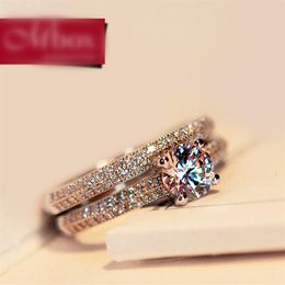 Luxe femme cristal bague de mariée ensemble mode 925 argent bande de mariage bijoux promesse amour bagues de fiançailles pour Women234O