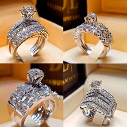 Luxe femme cristal diamant bague de mariage ensemble mode 925 argent grande pierre bague promesse mariée bagues de fiançailles pour les femmes