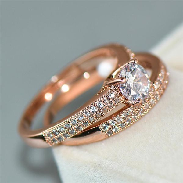 Luxe femme cristal Zircon bague de mariage ensemble 18KT or Rose rempli bijoux de mode promesse amour bagues de fiançailles pour les femmes bande