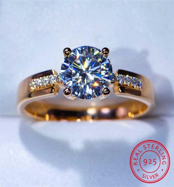 Anillo de circón redondo con solitario femenino de lujo, Plata de Ley 925, anillo de bodas de oro rosa, anillos de compromiso de amor para mujer P08183233801