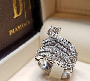 Luxe femme blanc rond diamant bague ensemble cristal 925 argent bague de mariée bijoux de mariage promesse bagues de fiançailles pour les femmes