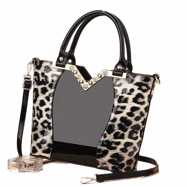 Bolsos de lujo Fi para mujer, bolso de mano con estampado de leopardo de cuero brillante, bolso de mano con asa superior, bolsos de hombro versátiles v5q5 #