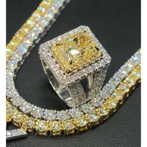 Luxe fijne moissaniet sieraden smaragd geel moissaniet hanger en ring zilver 925 vergulde witgoud voor hiphopman