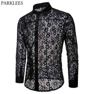 Chemise de dentelle de broderie florale de luxe hommes marque transparente robe sexy s hommes voir creux club fête noir mâle 210809