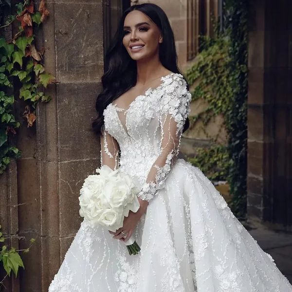 Robe de mariée de luxe en dentelle florale pour la mariée 2024 manches longues robe de mariée bohème fendue sur le côté une ligne robes formelles romantiques train de cour