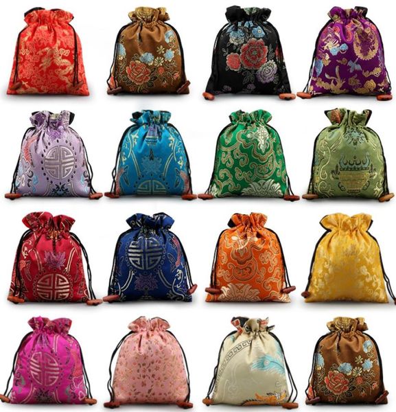 Grands sacs cadeaux floraux de luxe sacs de faveur de fête de mariage pochette de noël en brocart de soie chinoise pochette de rangement à cordon haut de gamme 50pc1936092