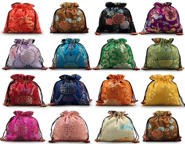 Bolsas de regalo grandes florales de lujo, bolsas de recuerdo de fiesta de boda, bolsa navideña de brocado de seda china, bolsa de almacenamiento con cordón de gama alta 50pc6035047