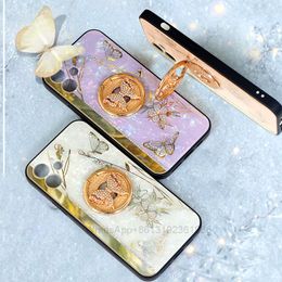 Luxe bloem vlinder harde pc TPU-hoesjes voor iPhone 13 2021 12 PRO MAX MINI 11 XR XS 8 7 Plus Crystal Bling Diamond 360 vingerringhouder