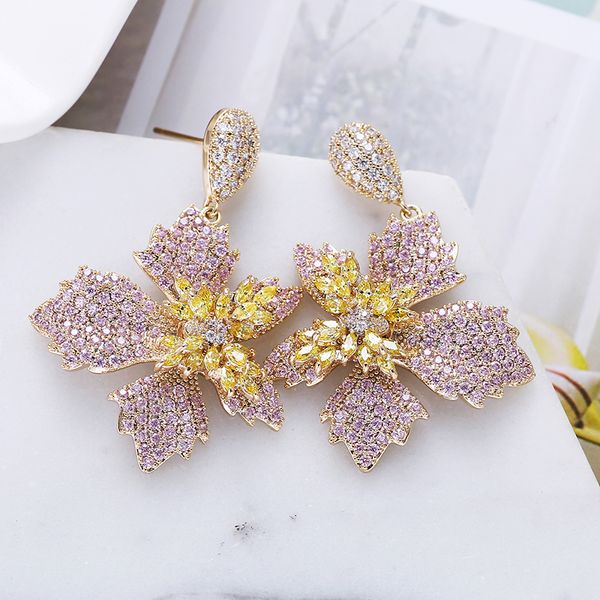 Boucles d'oreilles de fleur de luxe Mode Pétale Design Pavé Coloré Zircon Boucles d'oreilles pour femmes XIUMEIYIZU Nouveaux Bijoux Exportation Brésil T200225