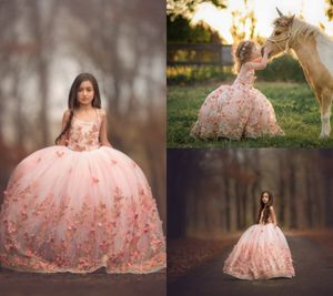 Luxe bloem meisje jurken tule kant 3d floral geappliceerd een lijn meisjes pageant jurk op maat gemaakte halter schattige kinderen formele jurk