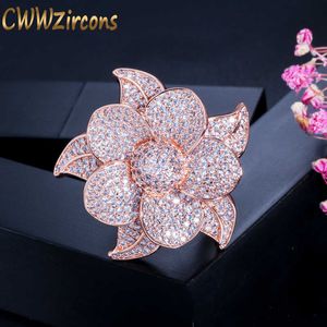 Luxe Bloemblad Micro Pave Cubic Zirconia Stone Grote Rose Gouden Kleur Bruids Bruiloft Vinger Ringen Sieraden R124 210714