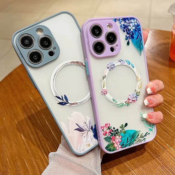 Coque de luxe à motif de fleurs, étui antichoc pour iPhone 14 13 12 15 Pro Max 11 14 Pro, avec anneau de chargement magnétique, anneau de fer