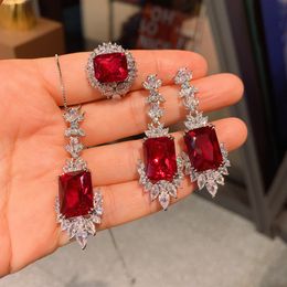 Conjunto de joyas de diamantes de rubí y flores de lujo, anillos de compromiso de oro de 14 quilates, pendientes, collar para mujer, regalo de joyas de fiesta nupcial