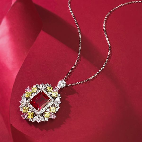 Pendentif de luxe en argent Sterling 100%, fleur rubis et diamant, collier ras du cou pour femmes, bijoux de mariage, 925 véritable