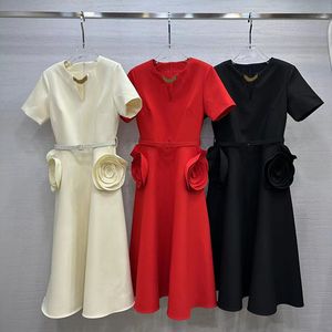 Vestido de lujo de flores para mujer, vestidos elegantes de manga corta con cinturón, vestido de diseño con cremallera trasera y cuello en V de diseñador