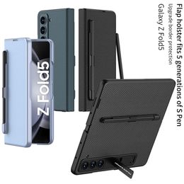 Funda de teléfono Vogue de fibra de carbono en folio de lujo para Samsung Galaxy Z Plegable Fold5 5G Soporte invisible Patrón de lichi Funda plegable con soporte de cuero con ranura para bolígrafo