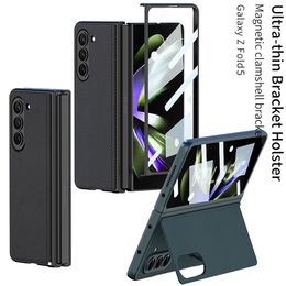 Luxus-Folio-Kohlefaser-Vogue-Handyhülle für Samsung Galaxy Z Folding Fold5 5G, langlebig, robust, gehärteter Film, Litschi-Muster, Leder, Ständer, stoßfest