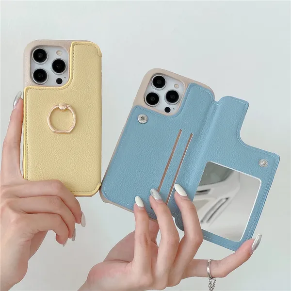 Funda de lujo para teléfono Vogue de cuero de grano Litchi en folio de lujo para iPhone 15 Plus 14 13 12 11 Pro Max XR XS Robusta y elegante cubierta trasera con billetera con ranuras para tarjetas duales y espejo cosmético