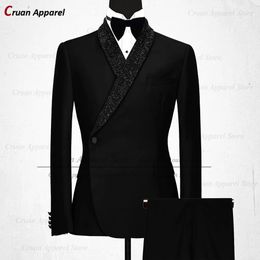 Luxury Formal Black Wedding Men Suit Slim Fit Grooms Pan Groom Groom Tuxedo White Designs Blawer Blazer Blazer Pantals 2PCS 240530