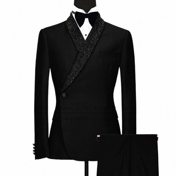 Luxe formel noir mariage hommes costume ensemble slim fit garçons d'honneur marié smoking blanc nouveaux modèles brillant châle revers blazer pantalon 2pcs u5ot #