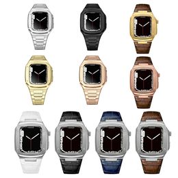 Estuches protectores de cuerpo completo de lujo Cubierta de acero inoxidable Cubierta de correa de metal de cuero de cocodrilo Correa de reloj Pulsera para Apple Watch Series 4 5 6 7 8 45 mm 44 mm