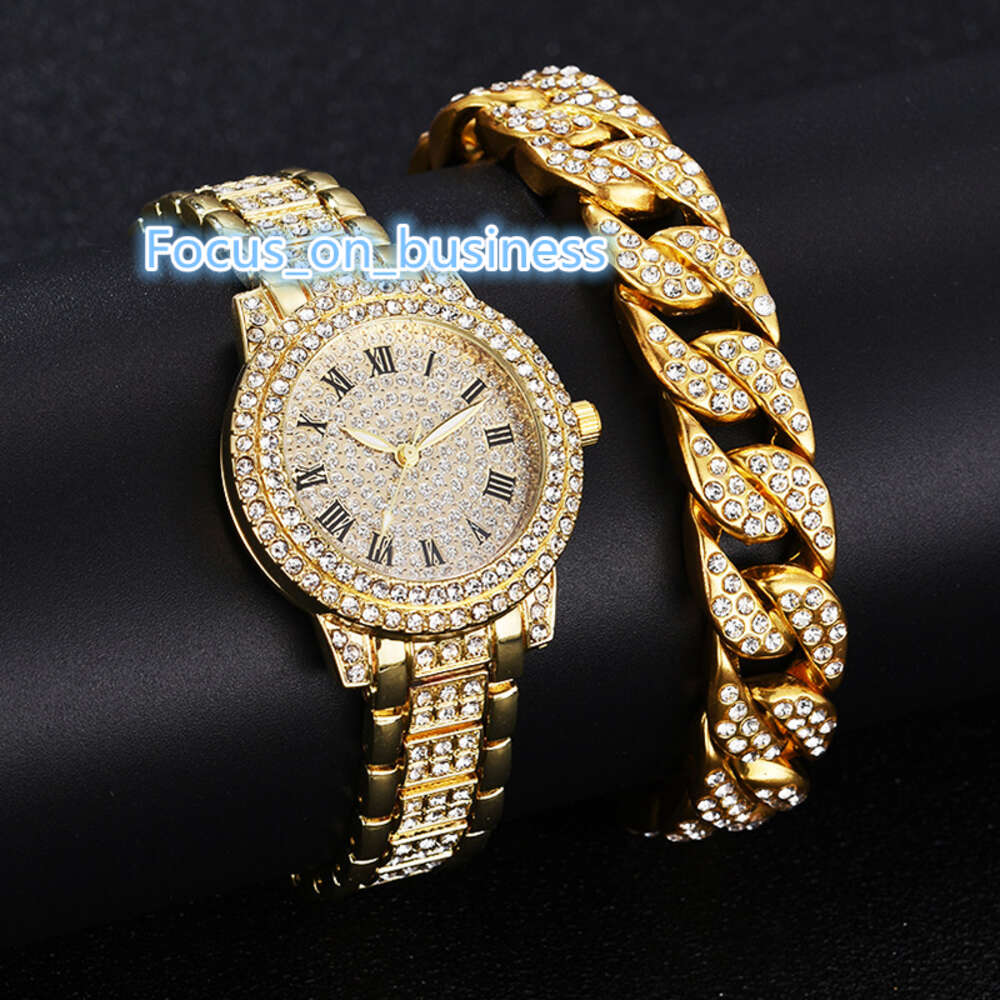 Luxe Volledige Crystal Diamond Horloges Armband Set Mannen Vrouwen Relojes Para Mujer Mode Gouden Stalen Riem Polshorloge