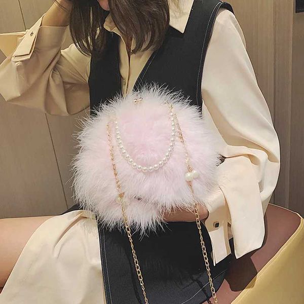 Sac de perles de fourrure de luxe femmes Designer plumes d'autruche ronde soirée célèbre marque sacs à main automne hiver sacs à main 220923