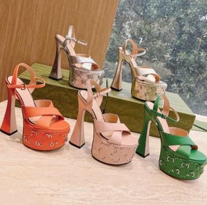 Sandales de luxe G-study, bracelet de la cheville avec une décoration de verrouillage, talons hauts en fer à cheval, chaussures pour femmes à plateforme imperméable, chaussures de robe de fête de créateur de 15,5 cm