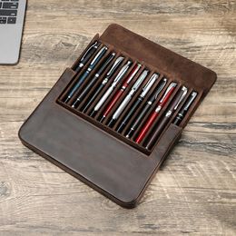 Luxe echt leer 12 slots Fountain Pen Case Box Office School Stationery Pen opslag Zakje Holder met verwijderbare penlade 240429