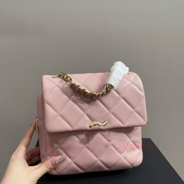 Mochila de cuero genuino de lujo Exquisita mochila con cadena para mujer Mochila de diseñador Bolso de diseñador rosa Bolso con cadena dorada Bolso mensajero Mini bolso de diseñador